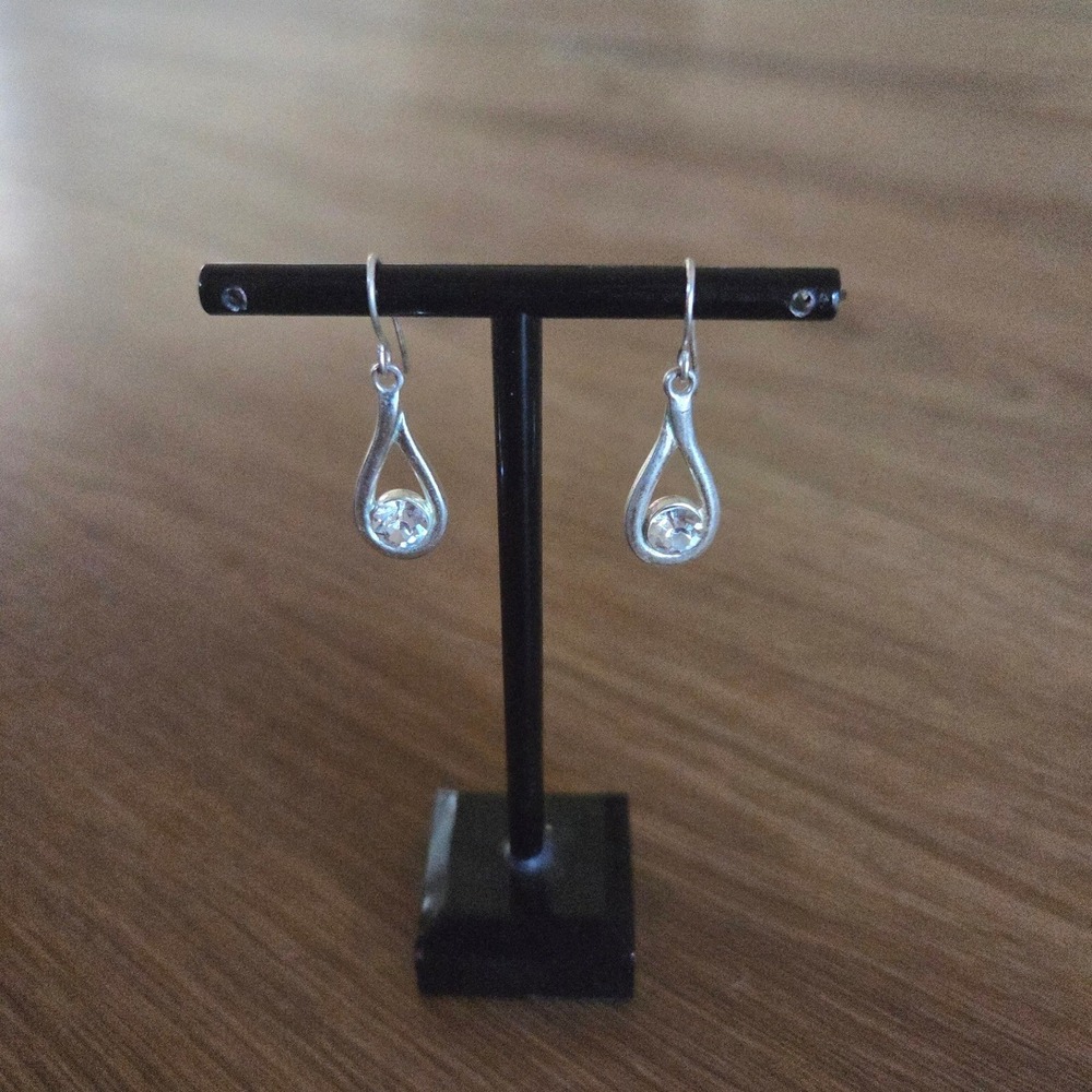 Silver Open Teardrop Drop Earrings with Clear CZ Accents Matte Finish
